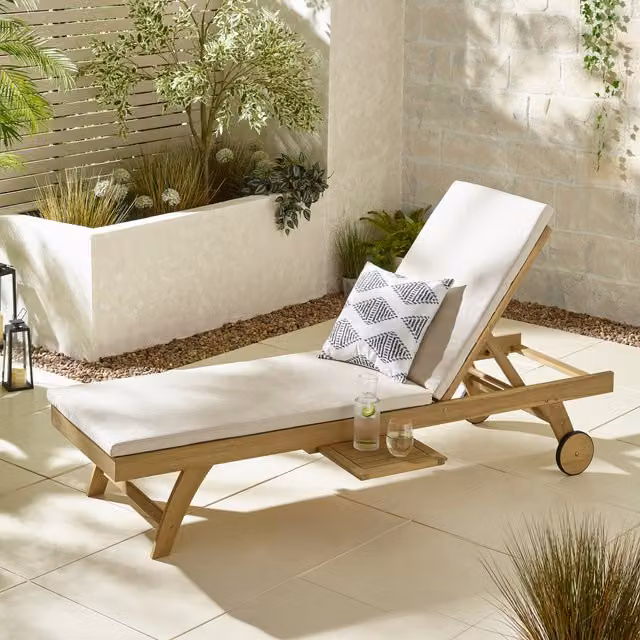 FurnitureboxUK Hamburg Wood Garden Sun Lounger with Sliding Side Table in Natural Acacia Hardwood