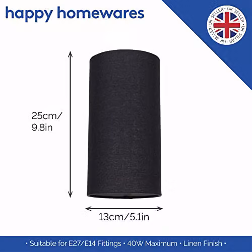 Happy Homewares Black Linen Fabric Cylindrical Lamp Shade with Reducer Ring, Height: 25 cm, Diameter: 13 cm – 3