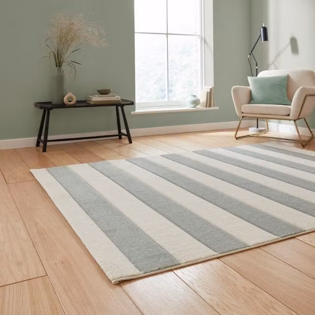 Catherine Lansfield Cove Stripe Modern Linear Rectangular Rug in Green