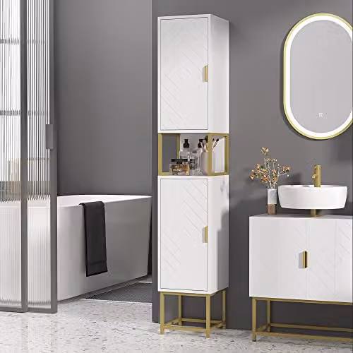 Kleankin Narrow Freestanding Bathroom Storage Cabinet with Open Shelf and Hinged Doors, White and Gold, H 170.7 x W 30 x D 30 cm – 2