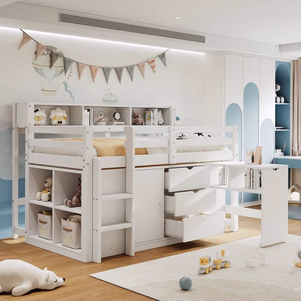 Rolipo Single Solid Wood Storage Bed with Drawers and Bedside Shelf, White, W/D/H: 90 x 190 cm – 1