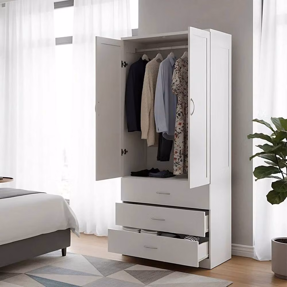 FLAVORA Modern White Wooden 2 Door Wardrobe with Integrated Drawers and Hanging Rod – 2