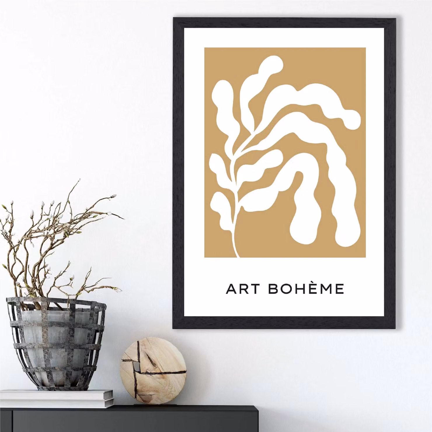 ARTZE Matisse Style Floral Cutout Framed Print in Mustard Yellow, White and Black – 2
