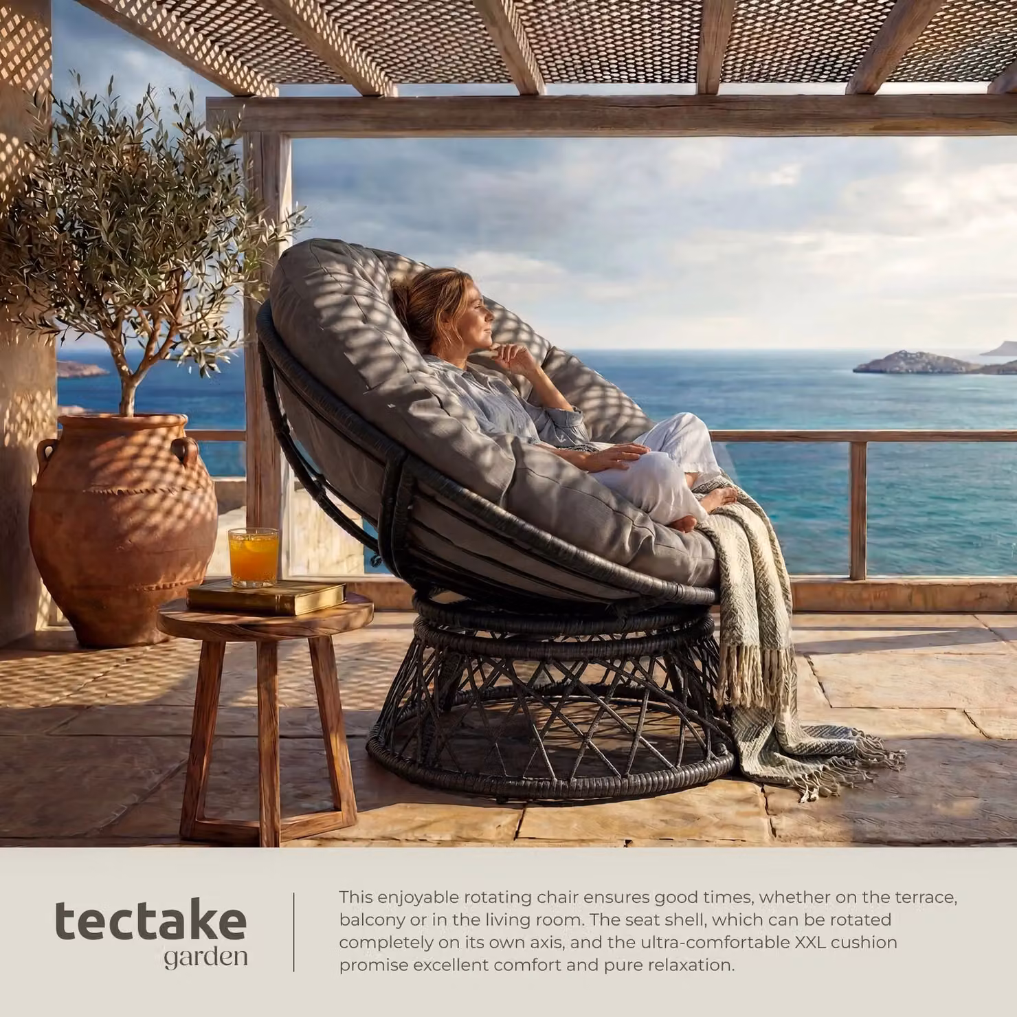 tectake Gargano Egg Garden Chair in Black with Grey Cushions and 360 Degree Swivel Metal Frame – 4