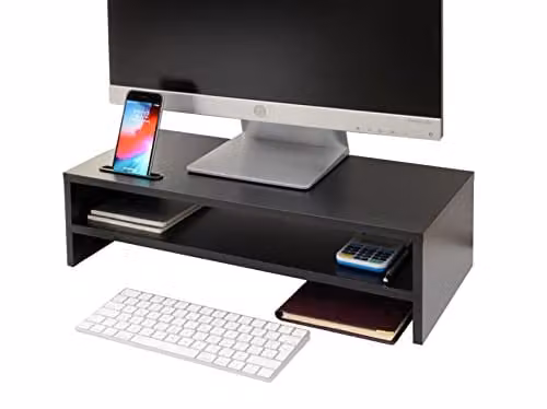 Ttap Black Wooden Two-Shelf Monitor Stand and Desk Organiser with Smartphone Holder, W/D/H: 54 x 24.5 x 14.4 cm – 1