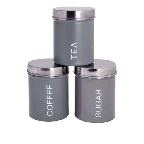 Harbour Housewares 3-Piece Metal Tea Coffee Sugar Canister Set in Grey and White with Airtight Lids – 1