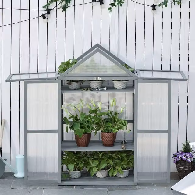 OUTSUNNY Grey Wooden Cold Frame Greenhouse with Polycarbonate Shelving, W/D/H: 80 x 47 x 138 cm – 1
