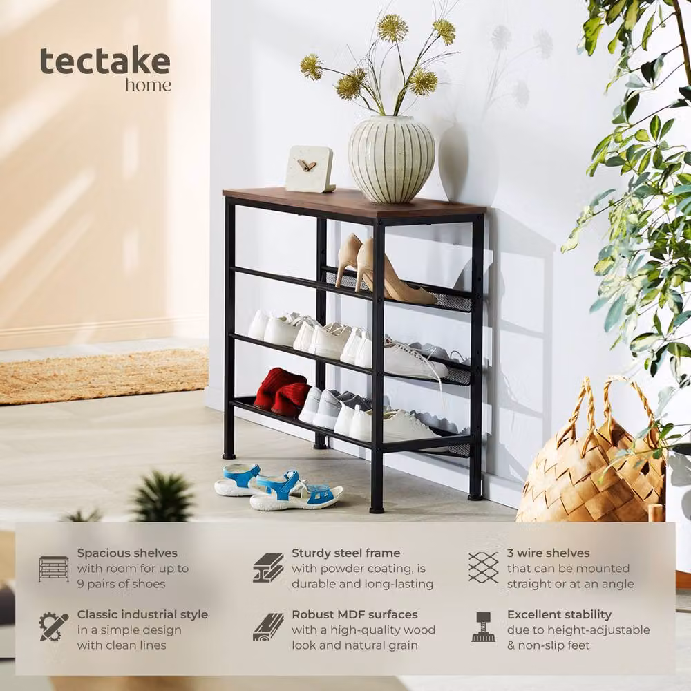 tectake 4-Tier Shoe Rack with Adjustable Shelves and Black Metal Frame in Brown and Black, W/D/H: 75.5 x 30.5 x 69.5 cm – 8