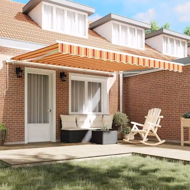 Berkfield Home Manual Retractable Folding Arm Awning in Yellow and Orange Striped Polyester, W: 400 cm, D: 300 cm – 1