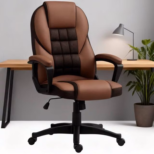 ERGOVEXA Brown Faux Leather Executive Swivel Office Chair with Armrests and Castors