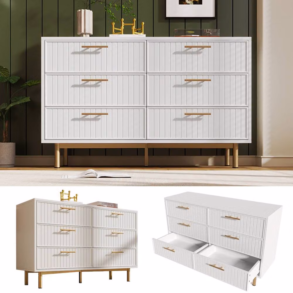 STILVORA Modern Sideboard Cabinet with 6 Drawers and Gold Metal Base in White – 5