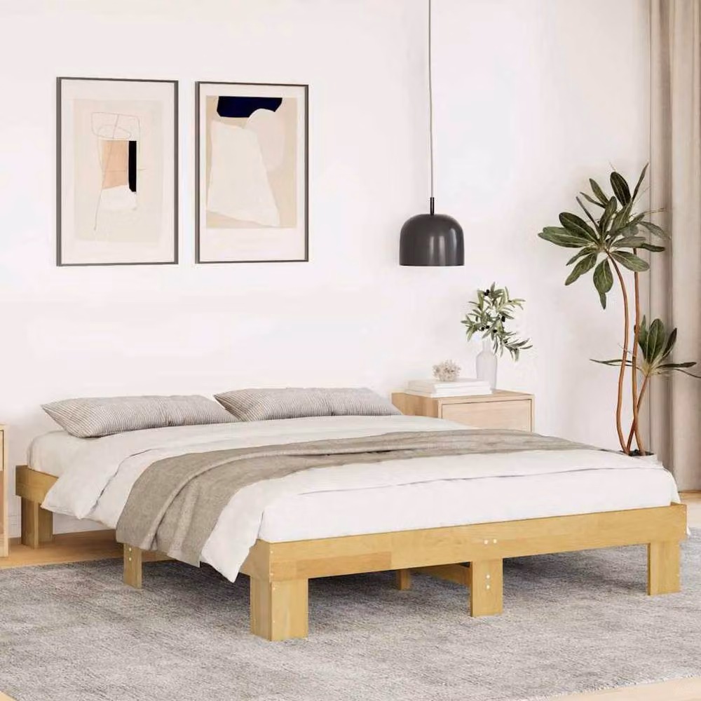 Berkfield Home Beautiful Solid Wood Oak Bed Frame in Brown, W/D/H: 140 x 190 cm – 2