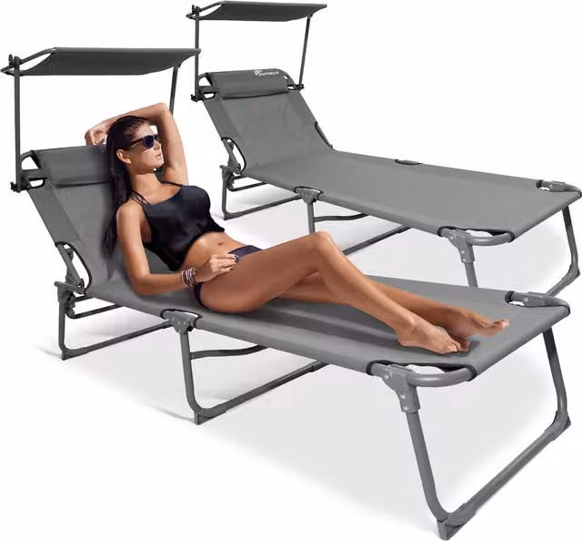 SUNMER Grey Sunbed with Canopy and Adjustable Headrest, W/D/H: 190 x 56 x 30 cm