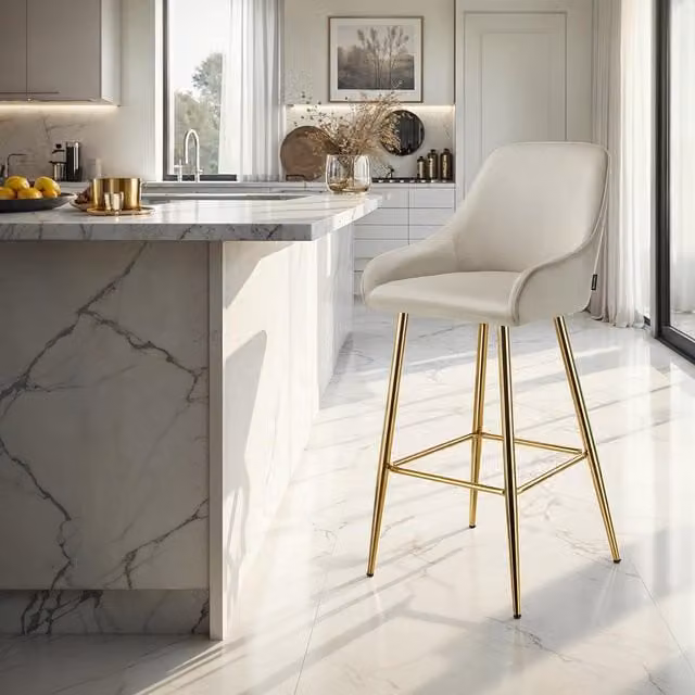 TECTAKE Modern Velvet Padded Bar Stool with Backrest in Beige and Gold