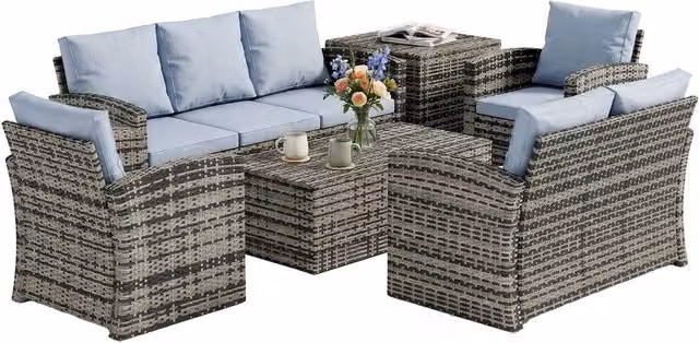 OUTSUNNY 6 Piece Grey Rattan Patio Sofa Set with Upholstered Cushions and Powder Coated Steel Frame – 1