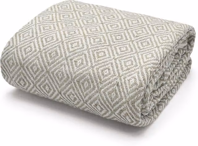 Velosso Woven Cotton Indian Diamond Patterned Throw with Fringes, Beige and Yellow, W: 228 cm, D: 254 cm