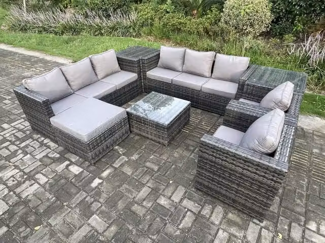 Fimous Rattan Garden Furniture Set in Dark Grey with 3-Seater Sofa, 2 Armchairs, Coffee Table and Ottoman