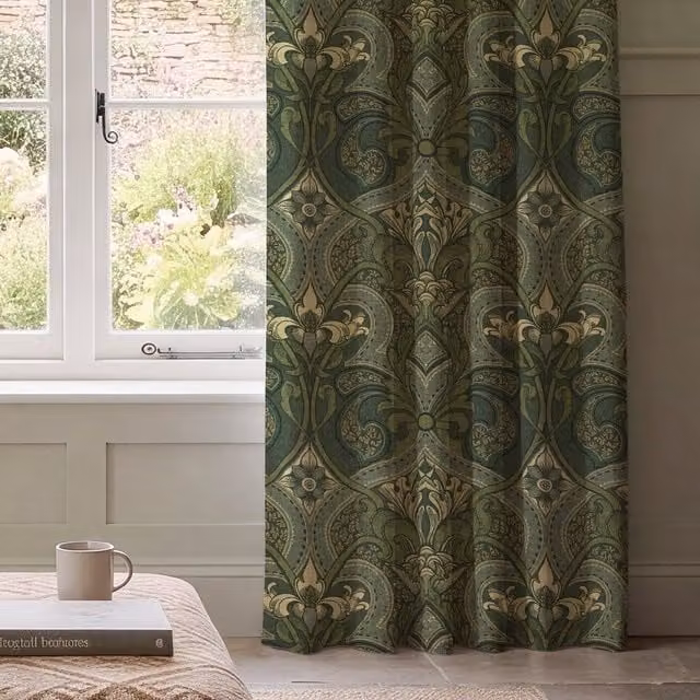 HOUSE Llewelyn-Bowen Gwendoline Printed Damask Made To Measure Blackout Curtains in Green and Blue