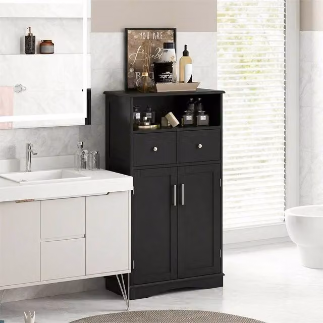 EONLION Black Matt Freestanding Bathroom Floor Storage Cabinet with Internal Drawers and Shelves – 1