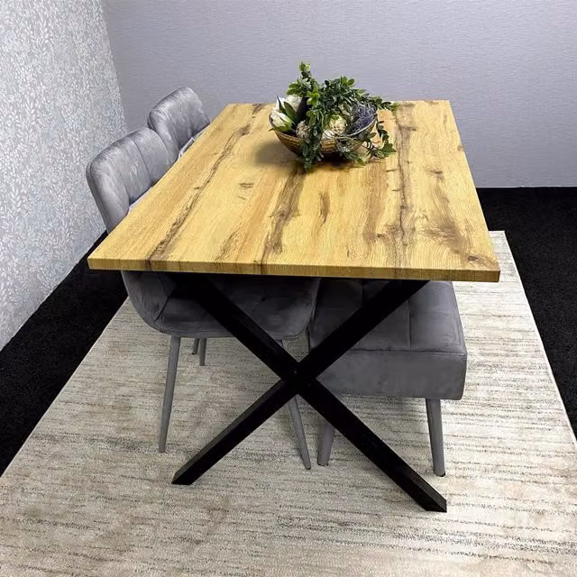KOSY KOALA Modern Dining Table Set with Padded Bench and 2 Grey Velvet Chairs, Brown Wood Effect Tabletop and X-Shaped Metal Legs – 1