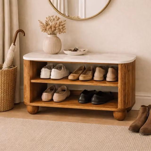 Artisan Furniture Beaumont Mango Wood and Marble Shoe Rack in Brown and White