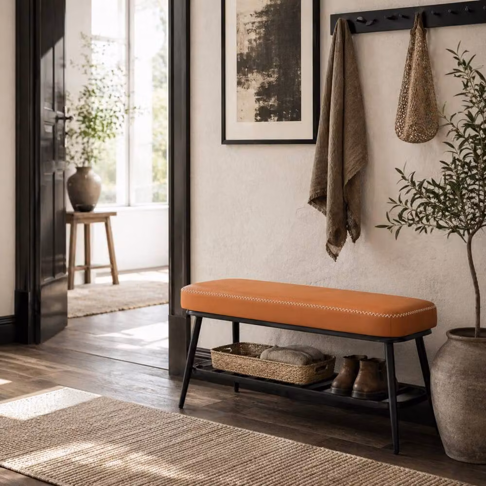 Wyld Haus Elbani Orange Faux Leather Shoe Storage Bench with Cushioned Seat, H 78.0 cm x W 45.0 cm x D 1.0 cm – 2