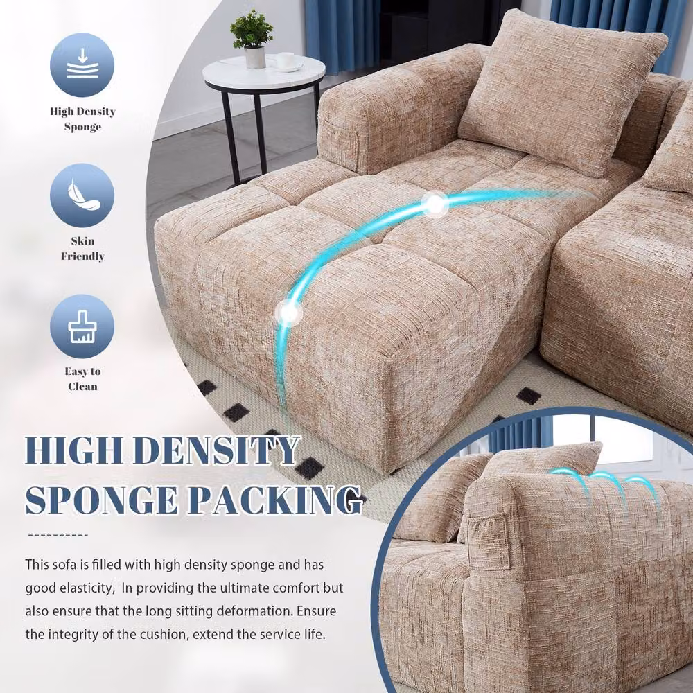 Direct Wicker Oversized Cloud Modular L-Shape Sectional Sofa in Khaki, 3 Seater Beige Fabric Upholstered Rattan Couch with Removable Covers and Scatter Cushions – 2