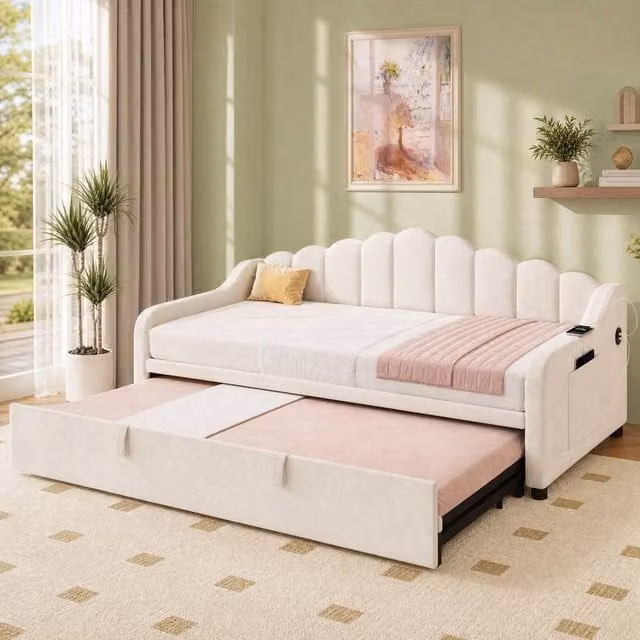 STILVORA Single Sofa in Beige Velvet with USB Charging Port and Side Compartments, W/D/H: 190 x 90 x 90 cm