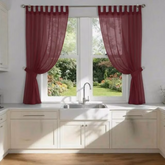 Luxury Living Maroon Voile Tab Top Curtain Pair with Crystal Tie Backs, Sheer Window Panels, Width: 145 cm, Drop: 229 cm – 1