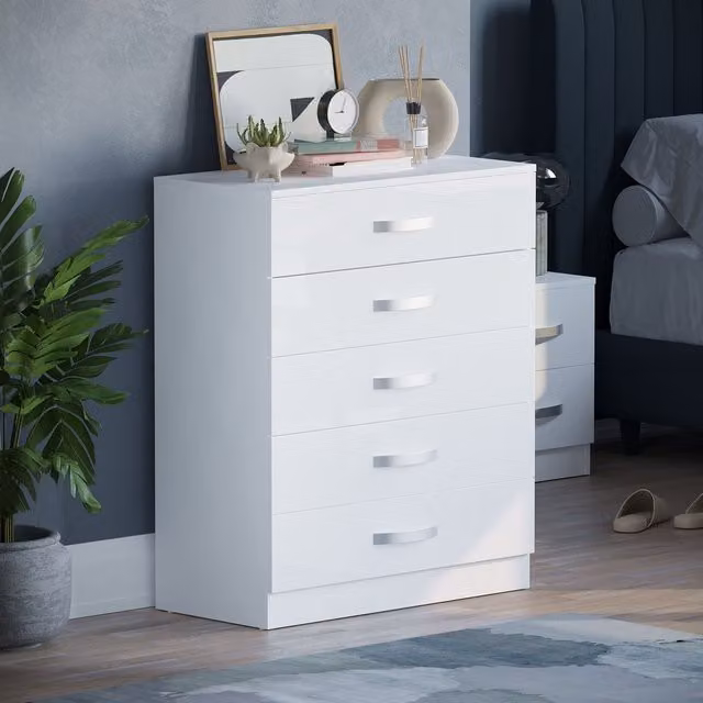 Hulio 5 Drawer Chest of Drawers in White Glossy MDF