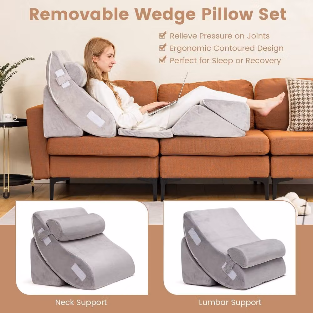 Costway 6-Piece Memory Foam Bed Wedge Pillow Set with Removable Covers in Silver/Grey – 4
