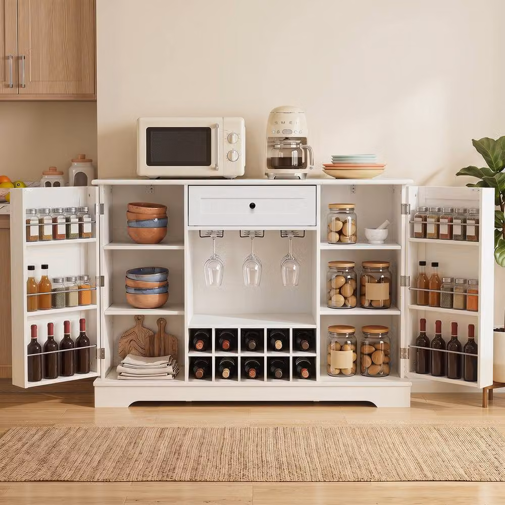 Gymax Modern White Kitchen Sideboard Cabinet with Glass Doors and Metal Accents – 2