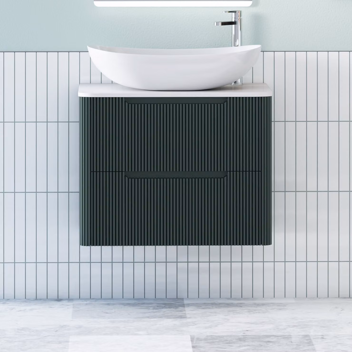 Royal Bathrooms Avenza Wall Hung Vanity Unit in Moss Green with 2 Drawers, Plain White Worktop and Cesar Basin, Depth: 80 cm
