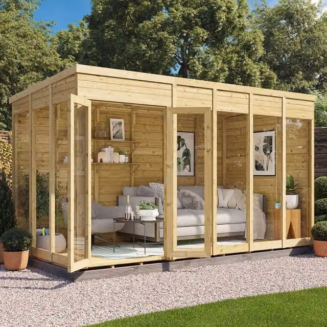 BillyOh Switch Pent Tongue and Groove Wood Summerhouse in Brown, W: 365.76 cm, D: 182.88 cm