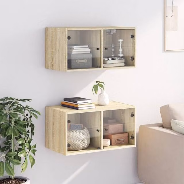 Berkfield Home Wall Mounted Cabinets with Glass Doors, 2 Pack, Sonoma Oak in Light Tan, W: 68.5 cm, D: 37 cm, H: 35 cm – 1