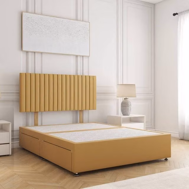BSSPOKE Brooke Plush Velvet Divan Bed with 24 inch Headboard and 4 Drawers, Mustard Yellow, W/D/H: 200 x 200 cm