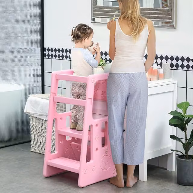 HOMCOM Adjustable Kids Step Stool and Toddler Kitchen Standing Platform, Pink