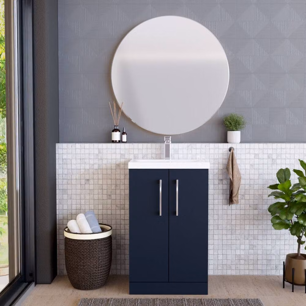 Balterley Contemporary Midnight Blue Floor Standing Bathroom Vanity Unit with 2 Soft-Close Doors and Mid-Edge Ceramic Basin, W: 50 cm, D: 39 cm, H: 84 cm – 2