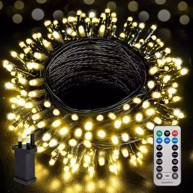 Desiretech LED Waterproof Plug-in String Lights with Remote, Timer and Dimmer, 300 LED, Warm White, 30m