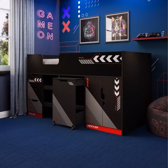 X Rocker Octane Cabin Mid Sleeper Bed with Storage Drawers and Pull-out Desk in Red and Black