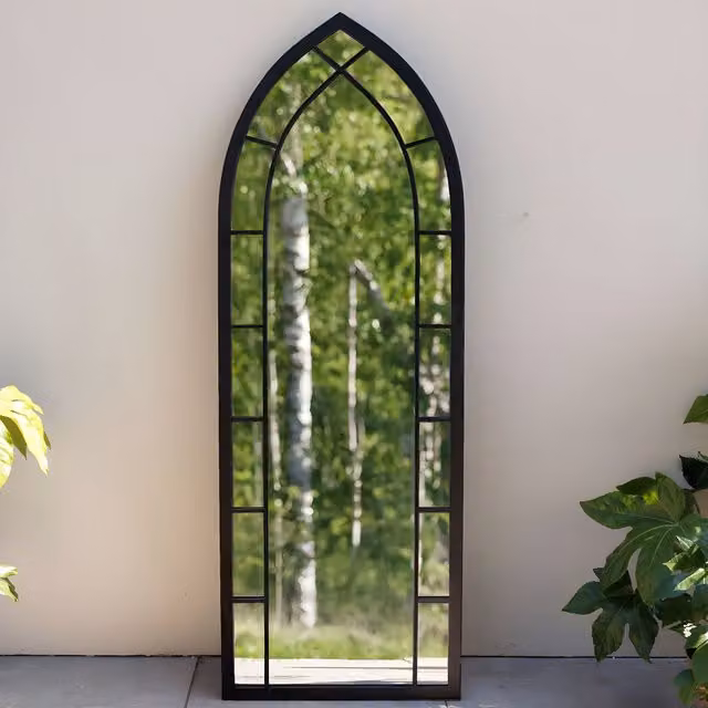 Primrose Pointed Arch Garden Mirror with Black Metal Frame and Glass Window Illusion, Height: 170 cm