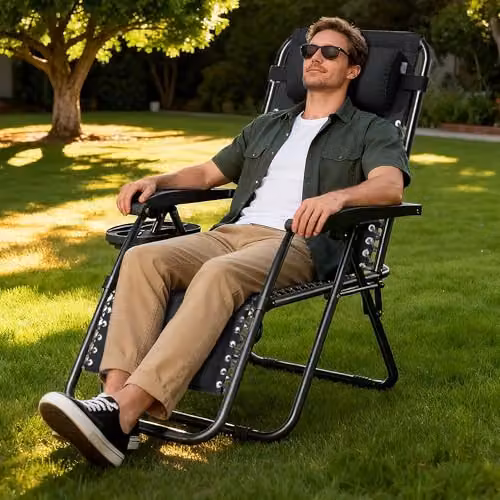 MCC Direct Set of 2 Zero Gravity Reclining Sun Lounger Chairs in Black Oxford Fabric – 2