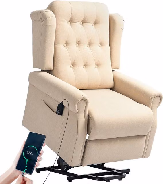 HOMCOM Power Lift Recliner Armchair with Wingback and Button Tufting in Beige Fabric