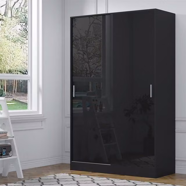 REFLECT 2 Door Sliding Wardrobe in Black High Gloss and Black Oak Matt Finish