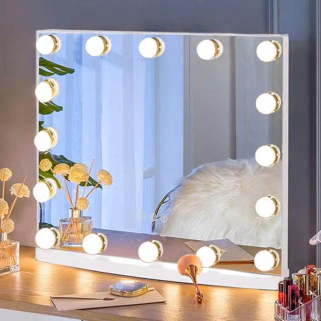 Livingandhome Hollywood LED Crystal-Edged Rectangular Tabletop Makeup Mirror in Silver