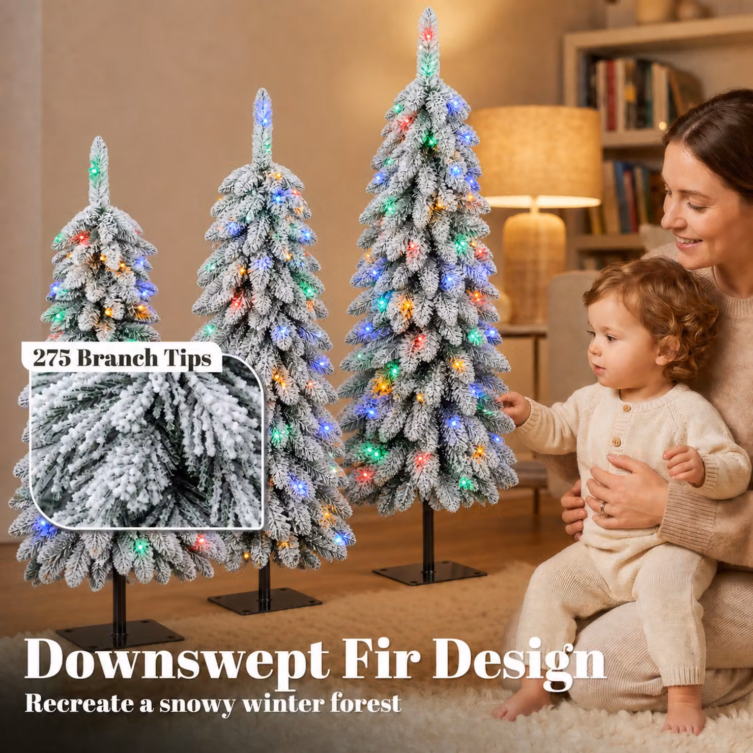 HOMCOM Set of 3 Snowy Pre-Lit LED Artificial Christmas Trees with PVC Branches in Green and White, H: 90 cm, H: 120 cm, H: 150 cm – 5