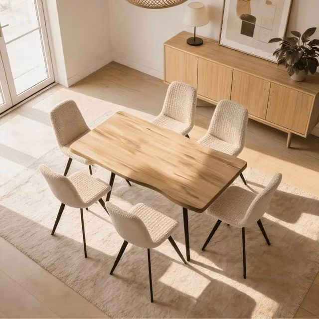 Home Source Avara 7 Piece Dining Set with 140cm Rectangular Table and 6 Ashford Upholstered Chairs in Beige and Black