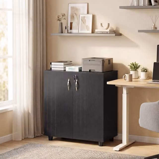 VINSETTO 2-Tier Locking Office Storage Cabinet with Hinged Doors and Internal Shelves in Black – 1