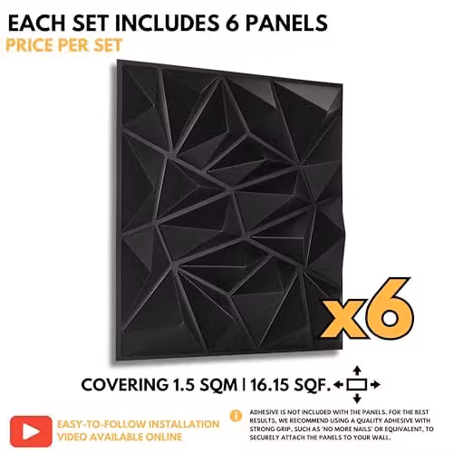 Novecrafto 3D Modern Diamond Design PVC Wall Panels, Black, 6 Sheets, W/D/H: 50 x 50 x 50 cm – 8