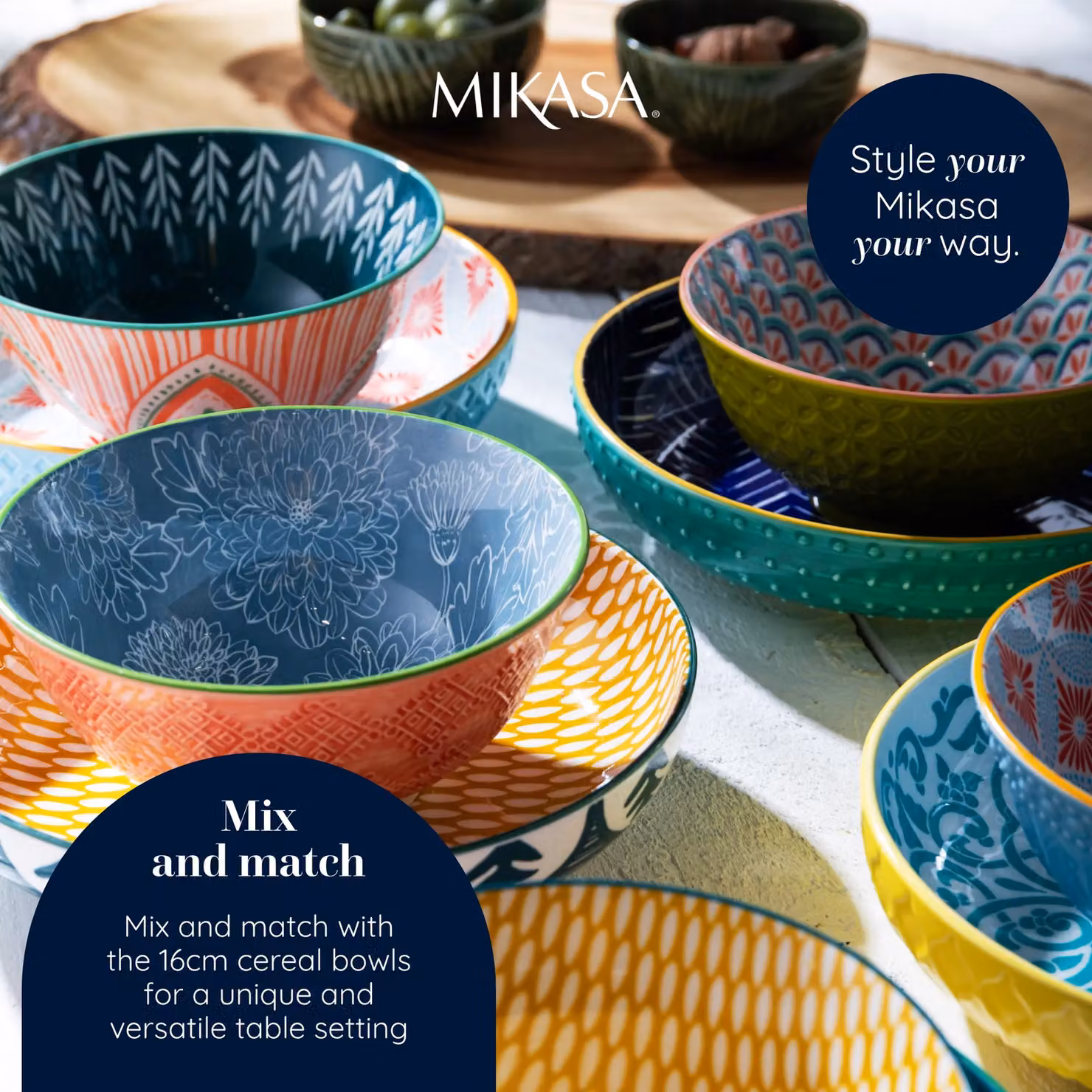 Mikasa Mixed Folk Multicolour Glazed Stoneware Coupe Pasta Bowl, 21 cm – 8